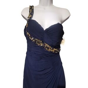 Gown Maxi Dress 4 Mermaid Ruched Embellished Sheen Navy Blue Jewel Appliqué